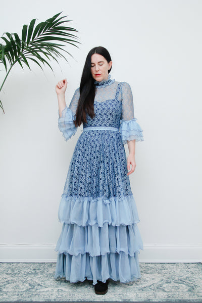 Vintage Floral Lace Blue Frilly Victorian Maxi Dress