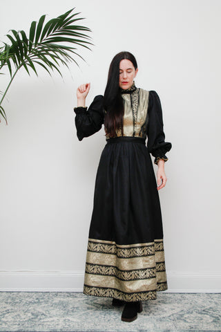 1970's Gothic Gold Brocade Victorian Maxi Dress