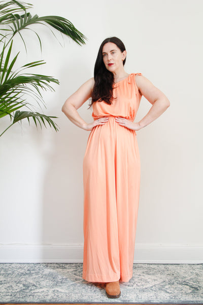 1970's Grecian One Shoulder Peach Maxi Dress