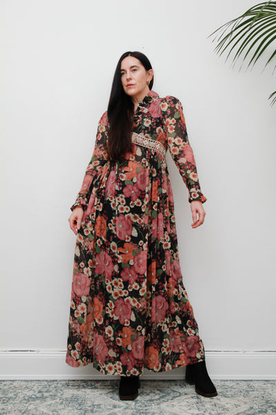 Vintage Floral Cotton Sheer Frilled Maxi Dress