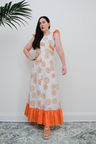 1970's Floral Apron Pinafore Cotton Maxi Dress