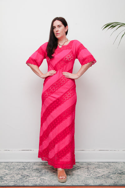 Vintage Mexican Fuchsia Pink Cotton Maxi Dress – Bohemian Lace