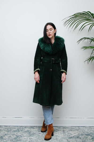 1970's Green Suede Penny Lane Sheepskin Trench Coat