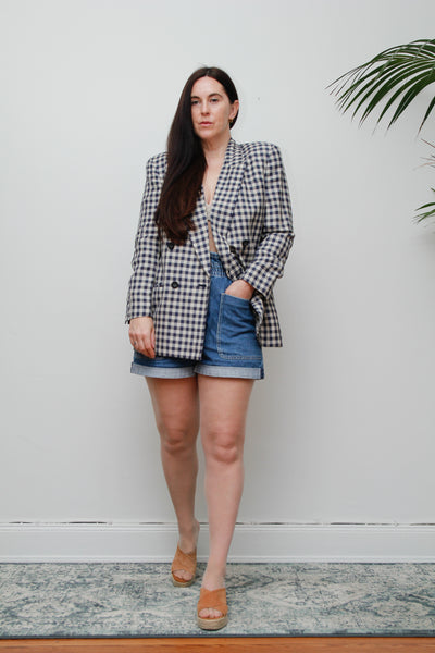 Vintage Gingham Cotton Blazer – Double Breasted, Oversized Fit, Fitted Shoulders, Linen