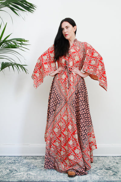 1970's Indian Cotton Block Fabric Kaftan Maxi Dress