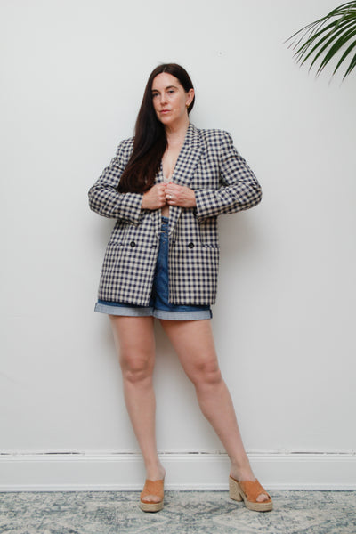 Vintage Gingham Cotton Blazer – Double Breasted, Oversized Fit, Fitted Shoulders, Linen