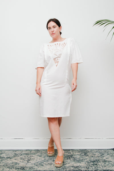 1980s Vintage Sunset Palm Tree Dress | Ibiza Summer Style – Embossed Cotton Party Dress with Zip Slit