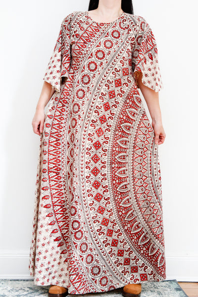 1970's Indian Cotton Block Folklore Maxi Dress Rare