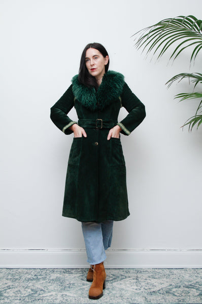 1970's Green Suede Penny Lane Sheepskin Trench Coat