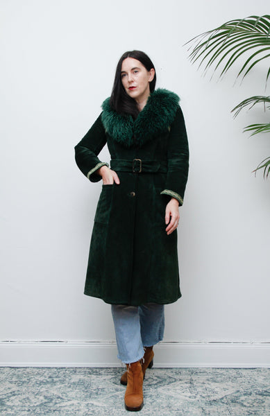 1970's Green Suede Penny Lane Sheepskin Trench Coat