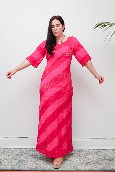 Vintage Mexican Fuchsia Pink Cotton Maxi Dress – Bohemian Lace