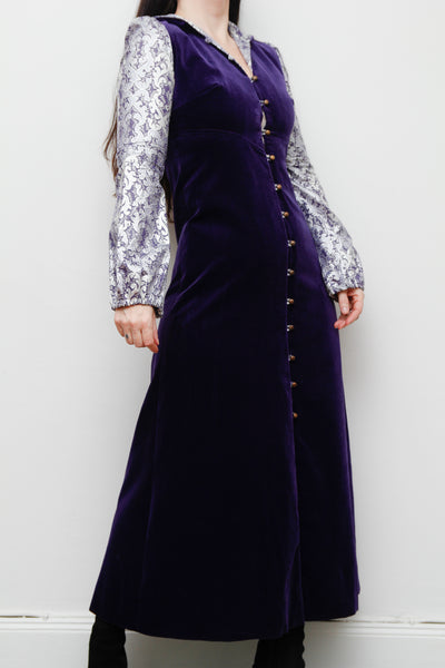 Vintage Purple Velvet Hooded Floral Maxi Dress