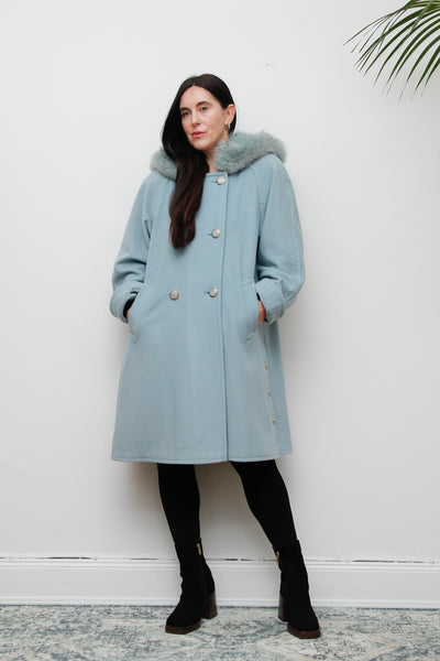 1980's Ice Blue Fox Fur Swing Wool Coat