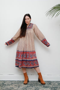 1970's Indian Cotton Tissue Lurex Smock Dress