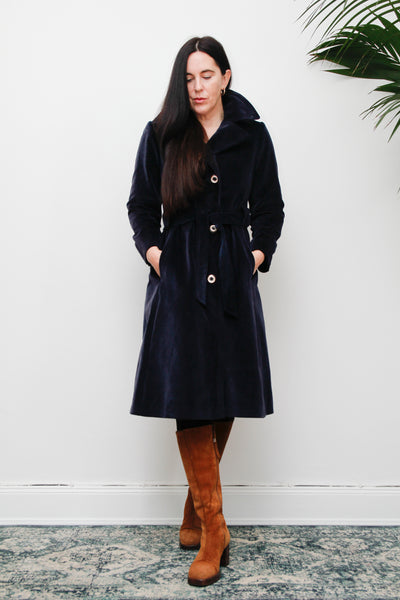 1970's Blue Velvet Belted Trench Coat