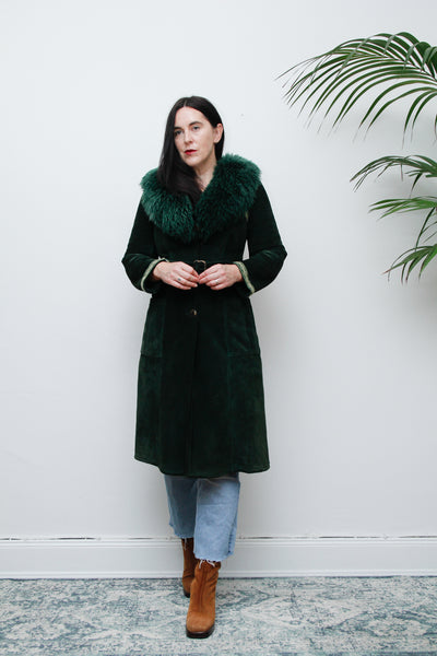 1970's Green Suede Penny Lane Sheepskin Trench Coat