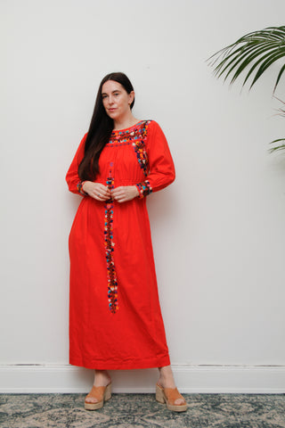 1970's Traditional Cotton Floral Embroidered Oaxacan Mexican Maxi Dress