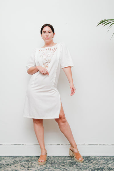 1980s Vintage Sunset Palm Tree Dress | Ibiza Summer Style – Embossed Cotton Party Dress with Zip Slit