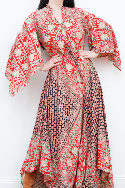 1970's Indian Cotton Block Fabric Kaftan Maxi Dress