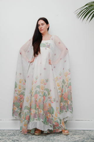 Vintage Pastel Floral Cape Dress – Ethereal Silhouette, Dramatic Sleeves, Fully Lined