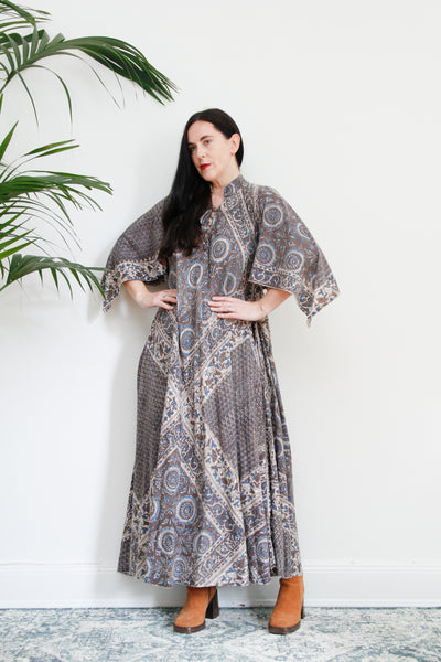 1970's Indian Cotton Block Fabric Kaftan Maxi Dress
