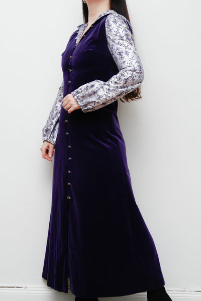 Vintage Purple Velvet Hooded Floral Maxi Dress