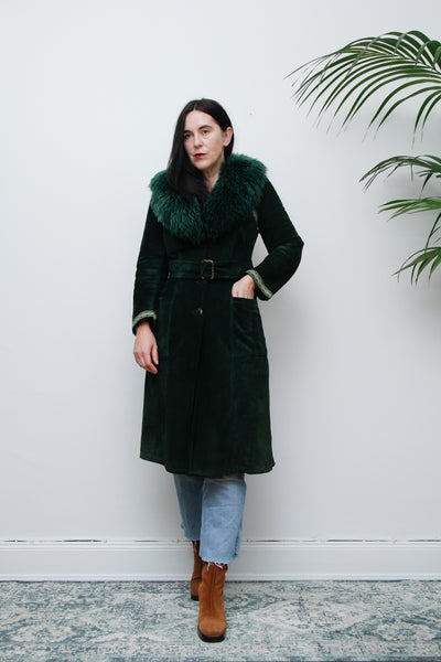 1970's Green Suede Penny Lane Sheepskin Trench Coat