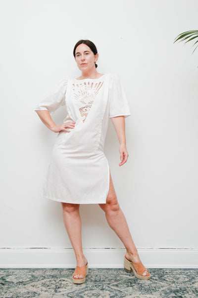 1980s Vintage Sunset Palm Tree Dress | Ibiza Summer Style – Embossed Cotton Party Dress with Zip Slit