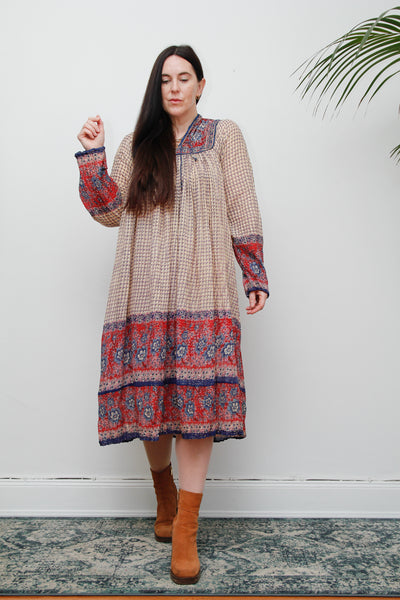 1970's Indian Cotton Tissue Lurex Smock Dress