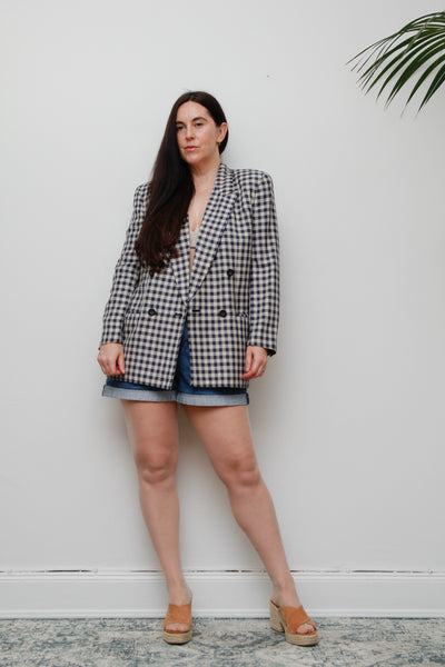 Vintage Gingham Cotton Blazer – Double Breasted, Oversized Fit, Fitted Shoulders, Linen