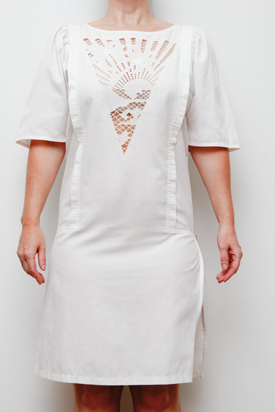 1980s Vintage Sunset Palm Tree Dress | Ibiza Summer Style – Embossed Cotton Party Dress with Zip Slit