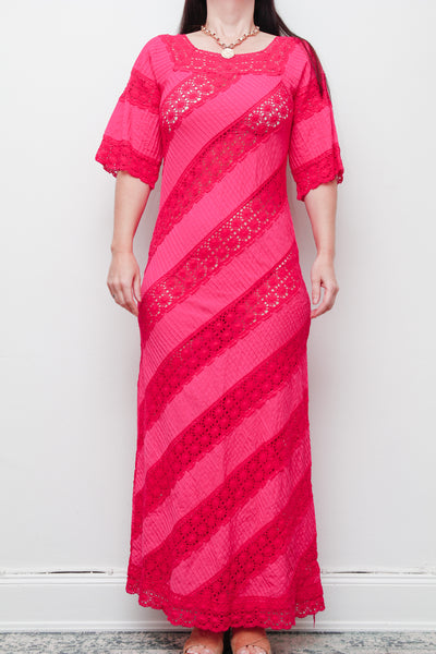 Vintage Mexican Fuchsia Pink Cotton Maxi Dress – Bohemian Lace