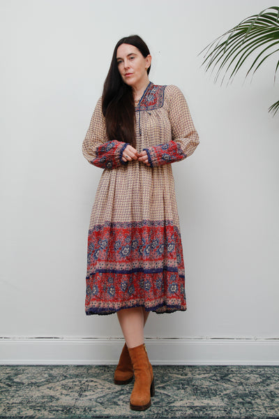 1970's Indian Cotton Tissue Lurex Smock Dress