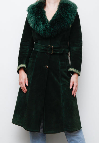 1970's Green Suede Penny Lane Sheepskin Trench Coat