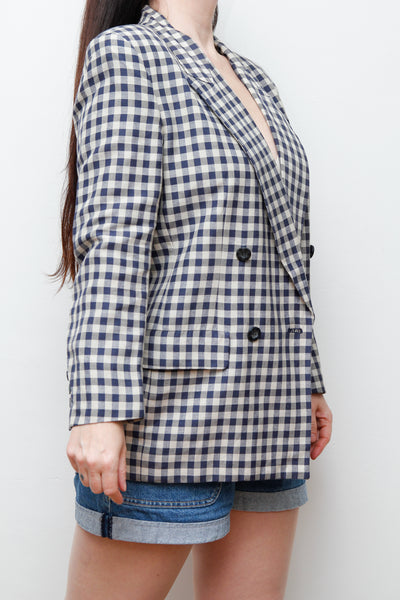 Vintage Gingham Cotton Blazer – Double Breasted, Oversized Fit, Fitted Shoulders, Linen
