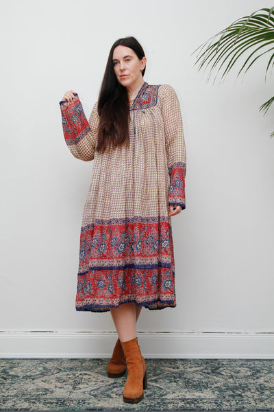1970's Indian Cotton Tissue Lurex Smock Dress