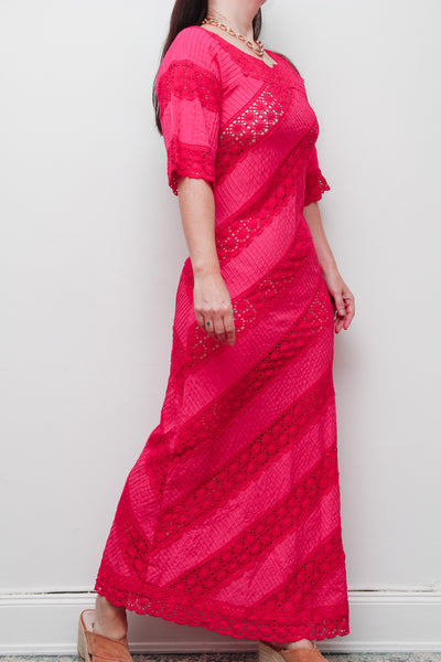 Vintage Mexican Fuchsia Pink Cotton Maxi Dress – Bohemian Lace
