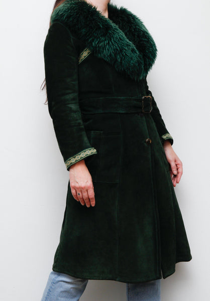 1970's Green Suede Penny Lane Sheepskin Trench Coat