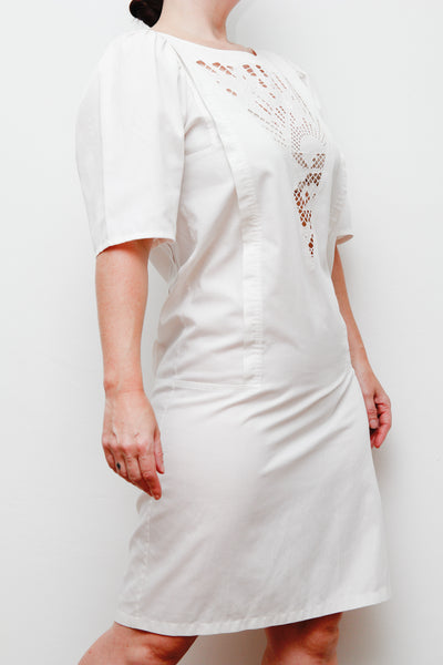 1980s Vintage Sunset Palm Tree Dress | Ibiza Summer Style – Embossed Cotton Party Dress with Zip Slit