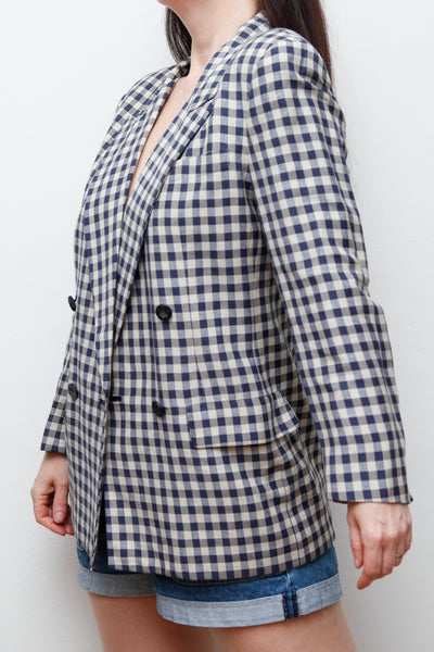 Vintage Gingham Cotton Blazer – Double Breasted, Oversized Fit, Fitted Shoulders, Linen