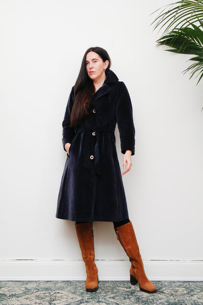 1970's Blue Velvet Belted Trench Coat