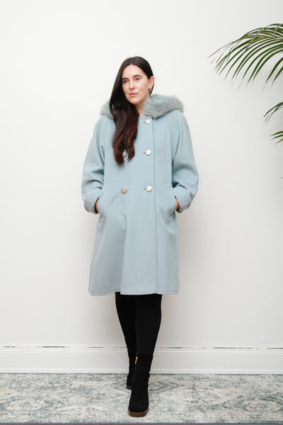 1980's Ice Blue Fox Fur Swing Wool Coat