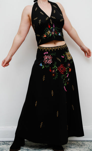 Vintage 1970's Two Piece Floral Embroidery Bohemian Skirt and Halter Top
