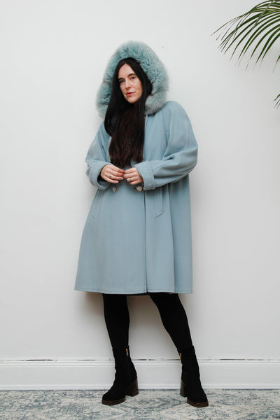 1980's Ice Blue Fox Fur Swing Wool Coat