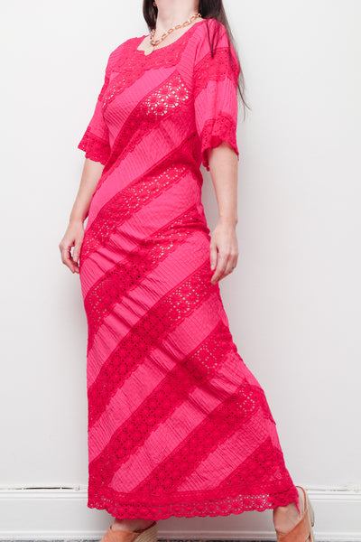 Vintage Mexican Fuchsia Pink Cotton Maxi Dress – Bohemian Lace