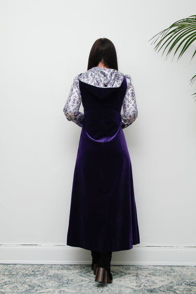 Vintage Purple Velvet Hooded Floral Maxi Dress