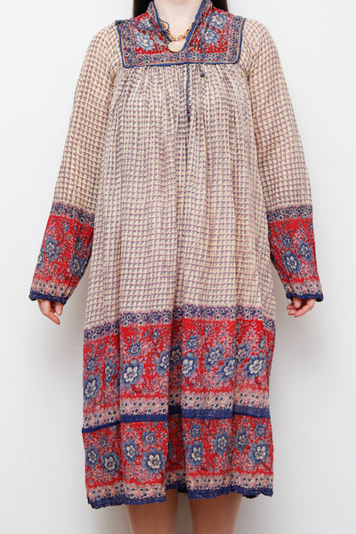 1970's Indian Cotton Tissue Lurex Smock Dress