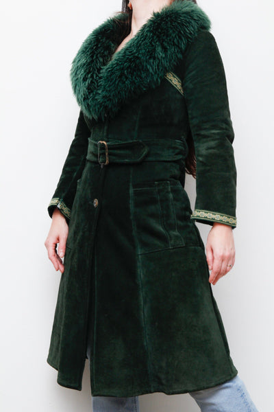 1970's Green Suede Penny Lane Sheepskin Trench Coat