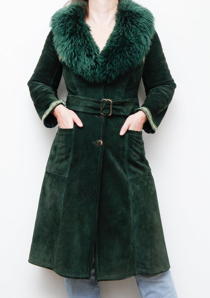 1970's Green Suede Penny Lane Sheepskin Trench Coat