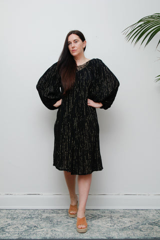 Vintage Black Gauze Cotton Smock Dress – 1970s Boho Cheesecloth with Gold Lurex & Balloon Sleeves
